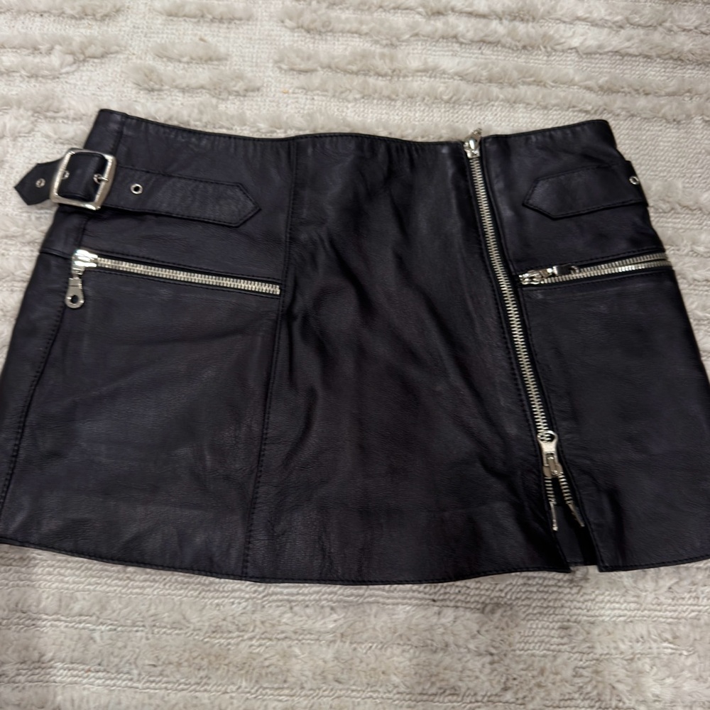 Black REAL Leather Mini Skirt with Zip & Buckle Detail